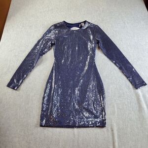 H&M Dress Womens Small Blue Sequin Metallic Cut Out Back Long Sleeve Round Neck